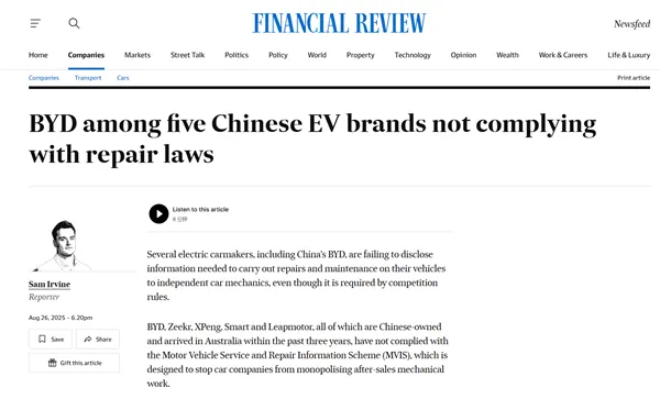 开云体育注册入口-最高1000万澳元处罚！中国车企在澳洲因维修权被警告